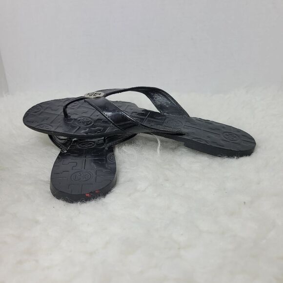 Tory Burch Womens Sandals Size 6M Thora Black Patent Leather Flip Flops Flats - Picture 5 of 9